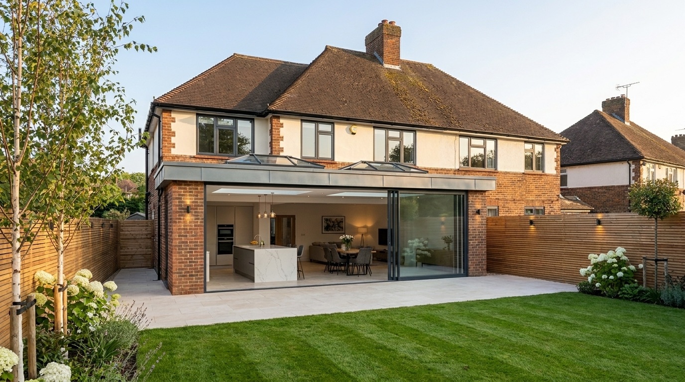 Open-plan kitchen extension with bi-fold doors completed in Shenfield